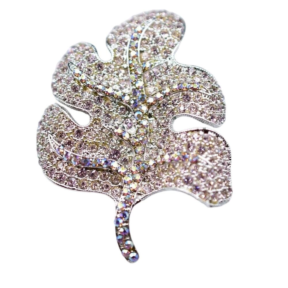 Vintage Crystal Leaf Brooch Pin Rhinestone Lavender Aurora Borealis Chunky Bin1